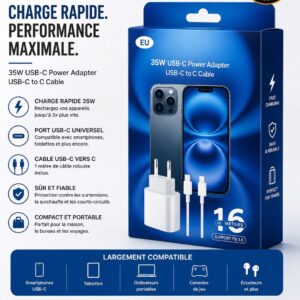 Chargeur iPhone Type-C 35W – Adaptateur USB-C + Câble USB-C vers USB-C (Fast Charge) [E3B4]