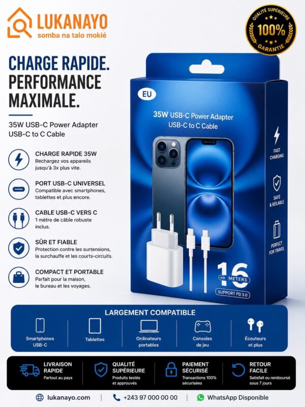 Chargeur iPhone Type-C 35W – Adaptateur USB-C + Câble USB-C vers USB-C (Fast Charge) [E3B4]