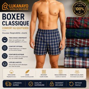 Boxer Short en Coton – Motif Plaid Bleu Classique [M10B9]