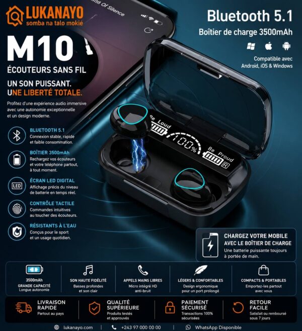 M10 TWS – Écouteurs Sans Fil Haute Qualité avec Boîtier Powerbank [E3A3]