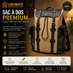 Sac à Dos Premium en Toile Imprimée Beige & Cuir Noir [M22D6]