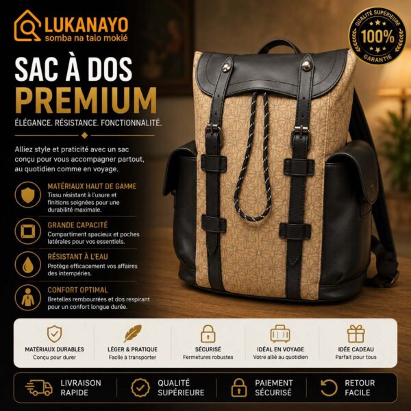 Sac à Dos Premium en Toile Imprimée Beige & Cuir Noir [M22D6]