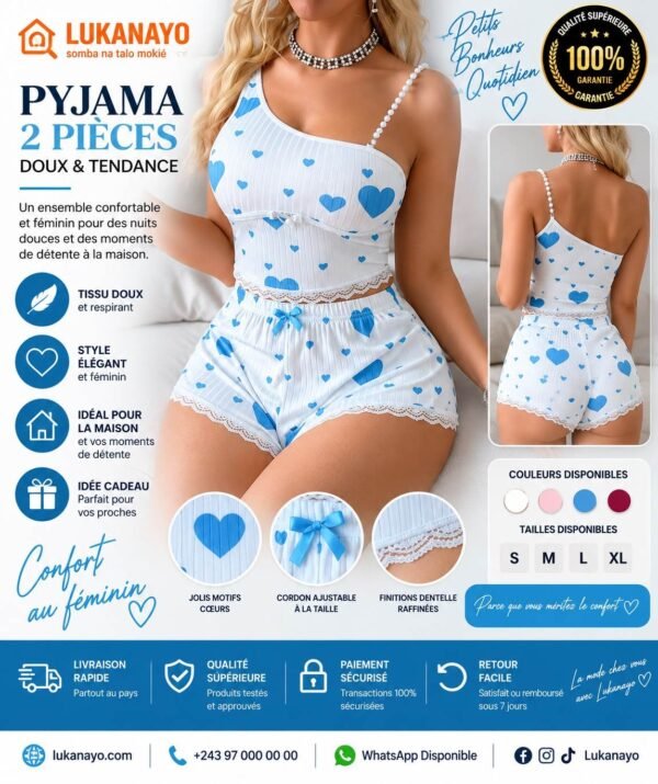 Ensemble Pyjama 2 Pièces Blanc – Imprimé Cœurs Bleus & Volants Délicats (M10C6)