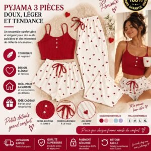 Ensemble Pyjama 3 Pièces Cocooning – Caraco Rouge & Bas Imprimé Cœurs [M10C3]