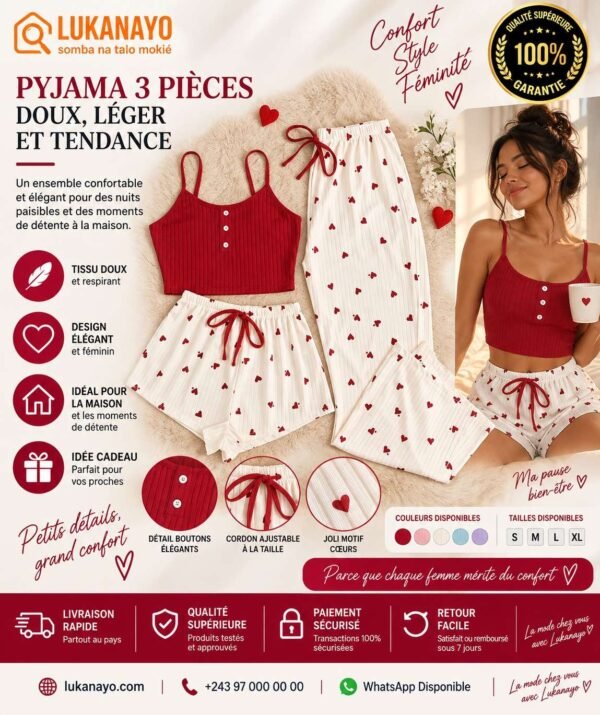 Ensemble Pyjama 3 Pièces Cocooning – Caraco Rouge & Bas Imprimé Cœurs [M10C3]