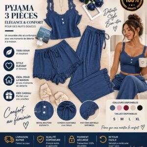Ensemble Pyjama 3 Pièces – Caraco, Short & Pantalon Bleu Nuit à Dentelle [M10C4]