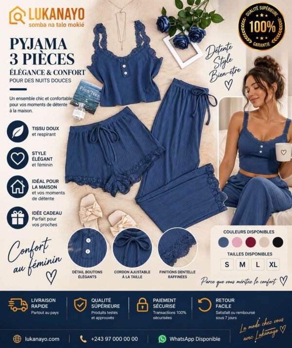 Ensemble Pyjama 3 Pièces – Caraco, Short & Pantalon Bleu Nuit à Dentelle [M10C4]
