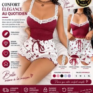 Ensemble Pyjama Caraco & Short – Motif Floral Bordeaux & Dentelle Blanche [M10C2]