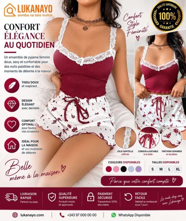 Ensemble Pyjama Caraco & Short – Motif Floral Bordeaux & Dentelle Blanche [M10C2]