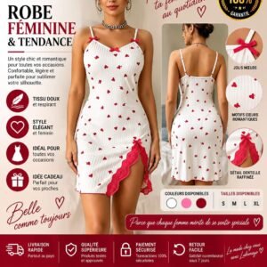 Nuisette Blanche à Motifs Cœurs Rouges – Fente & Dentelle Délicate [M10C5]