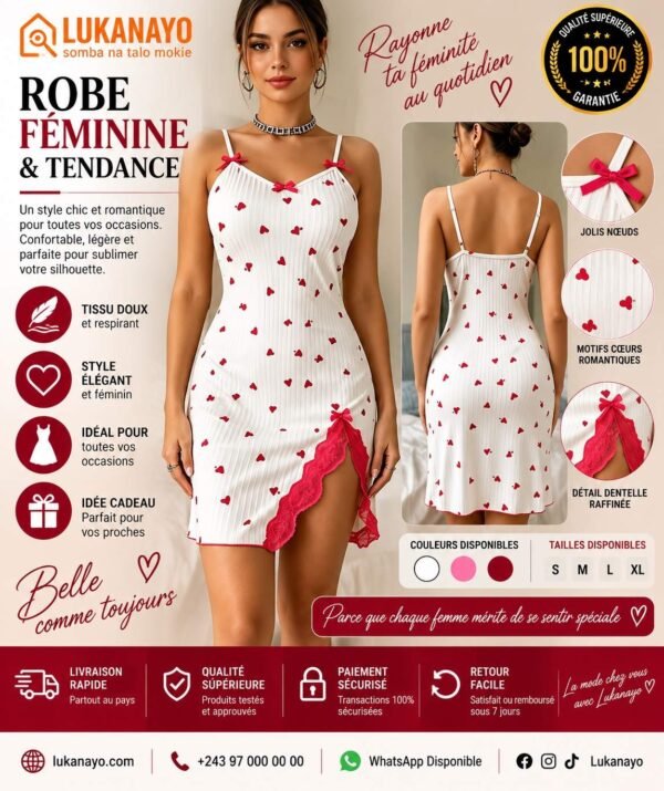 Nuisette Blanche à Motifs Cœurs Rouges – Fente & Dentelle Délicate [M10C5]