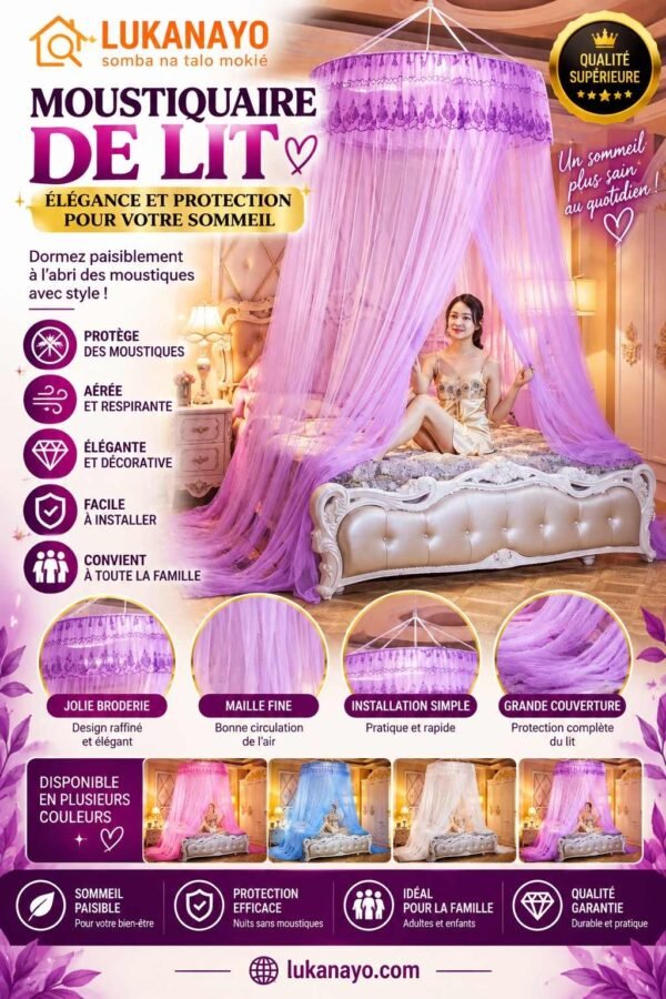 Ciel de Lit Princesse Dôme Rond Violet – Moustiquaire & Dentelle Délicate [M10C8]