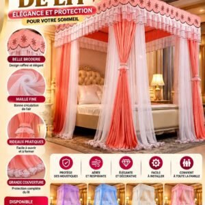 Ciel de Lit 4 Coins Princesse – Voilage Superposé Rose & Blanc & Moustiquaire [M10C9]