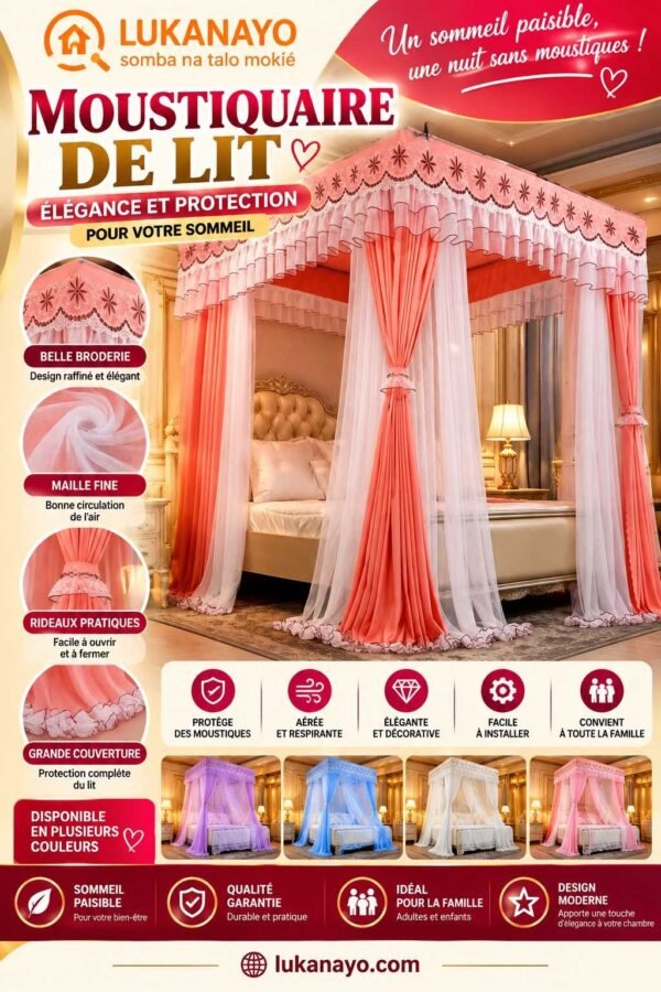 Ciel de Lit 4 Coins Princesse – Voilage Superposé Rose & Blanc & Moustiquaire [M10C9]